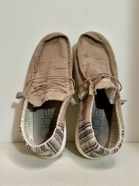 Hey Dude Men's Tan Canvas Slip-On Loafers with Striped Collar